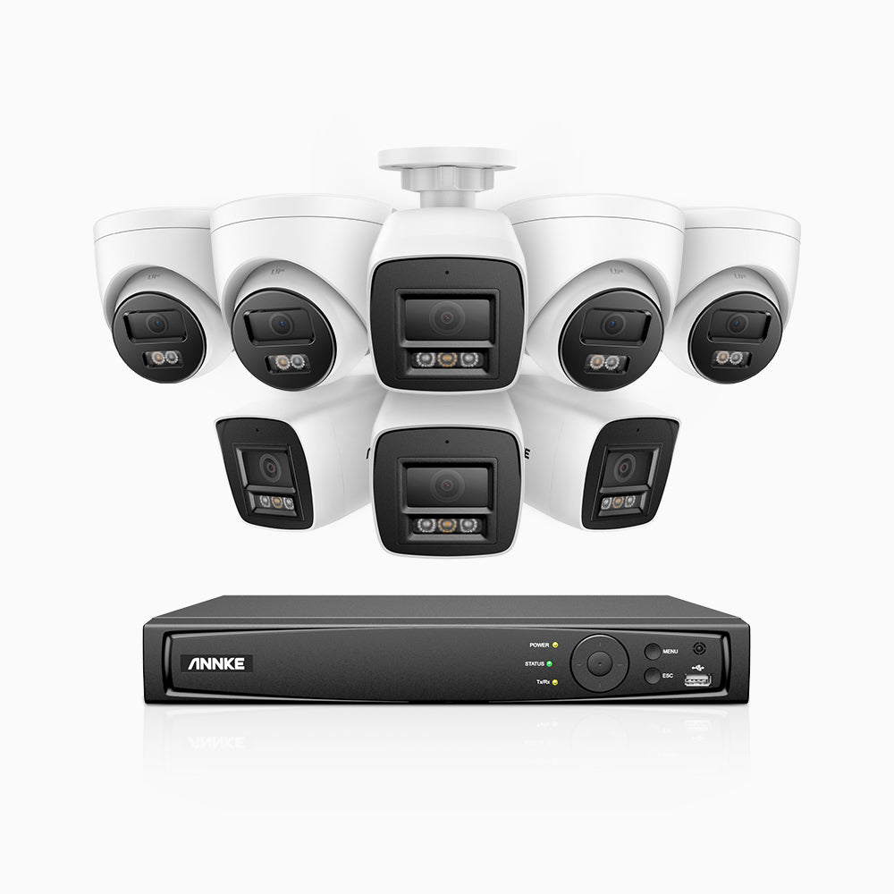 H1200 -  Kit de surveillance PoE 4K 12MP à 8 canaux avec 4 caméras bullet et 4 caméra tourelle, vision nocturne couleur et IR, détection humaine et véhiculaire, H.265+, microphone intégré, stockage local maximal de 512 Go, IP67