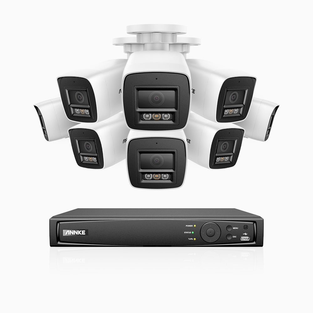 H1200 -  Kit de surveillance PoE 4K 12MP à 8 canaux avec 8 caméras, vision nocturne couleur et IR, détection humaine et véhiculaire, H.265+, microphone intégré, stockage local maximal de 512 Go, IP67