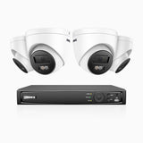 H1200 -  Kit de surveillance PoE 4K 12MP à 8 canaux avec 4 caméras, vision nocturne couleur et IR, détection humaine et véhiculaire, H.265+, microphone intégré, stockage local maximal de 512 Go, IP67