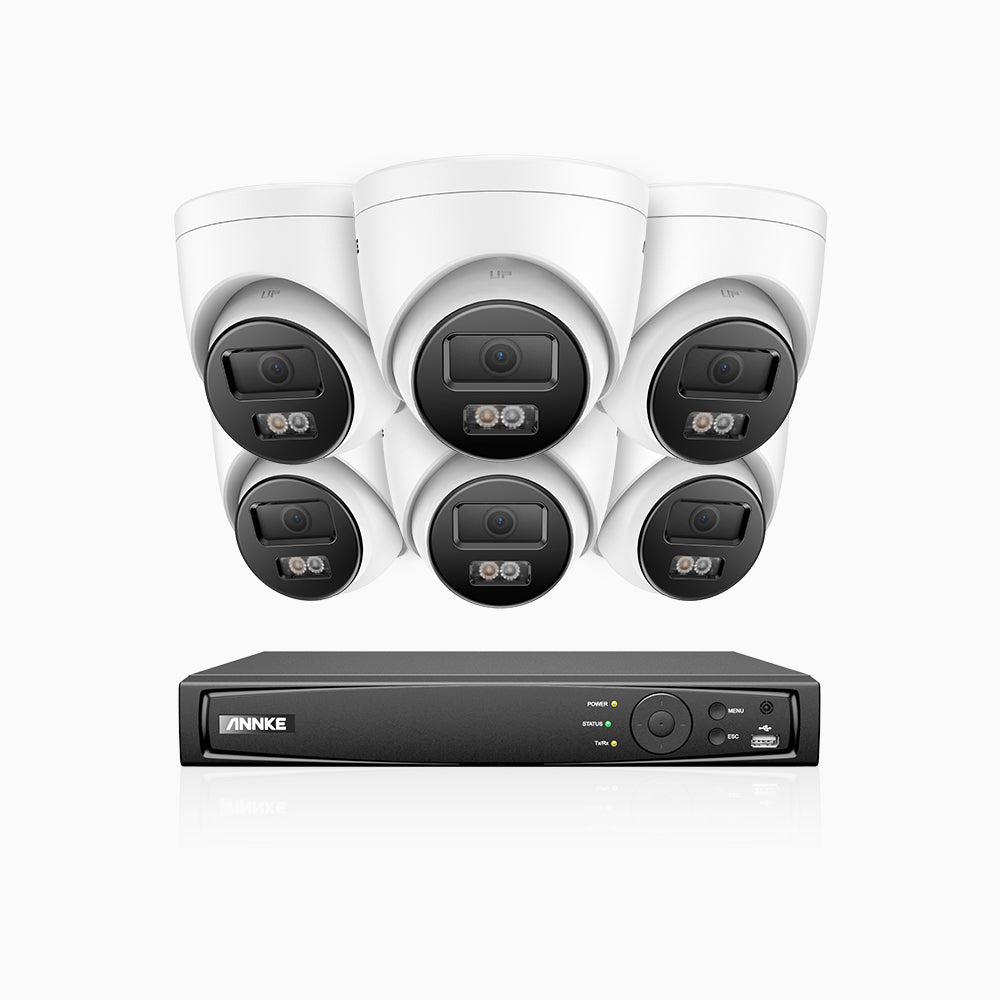 H1200 -  Kit de surveillance PoE 4K 12MP à 8 canaux avec 6 caméras, vision nocturne couleur et IR, détection humaine et véhiculaire, H.265+, microphone intégré, stockage local maximal de 512 Go, IP67