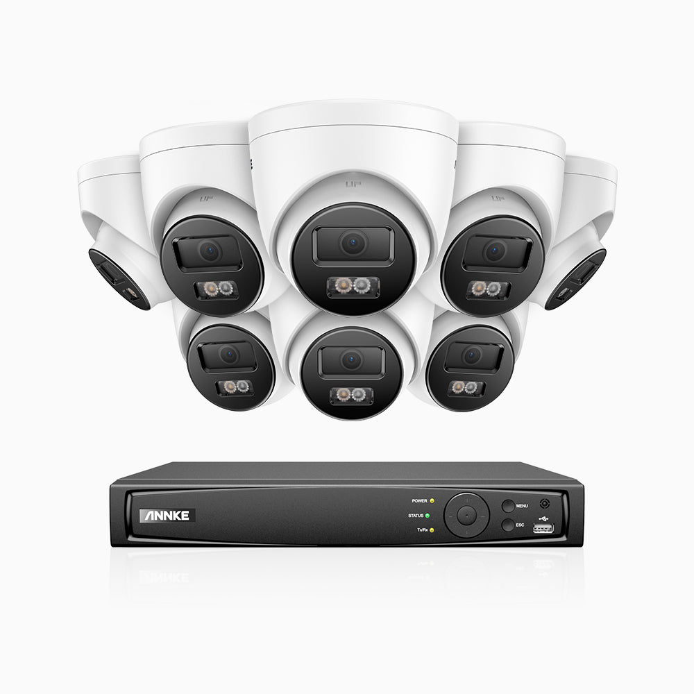 H1200 -  Kit de surveillance PoE 4K 12MP à 8 canaux avec 8 caméras, vision nocturne couleur et IR, détection humaine et véhiculaire, H.265+, microphone intégré, stockage local maximal de 512 Go, IP67