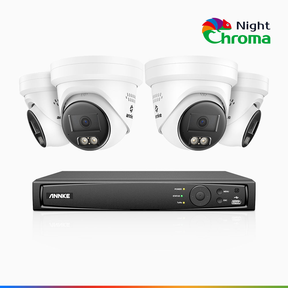 NightChroma™ NBRK800 - Kit de Surveillance 4K à 8 Canaux avec 4 Caméras, Alarme Rouge et Bleue, 3840x2160@25 fps, Vision Nocturne en Couleur et Infrarouge, Détection Personnes-Véhicules, Analyse Comportementale Intelligente, Audio Bidirectionnel, IP67