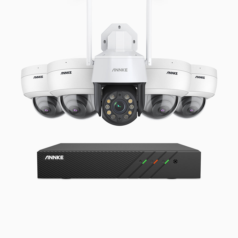 HWZ500 - Kit de surveillance PoE 5MP à 8 canaux avec 4 caméras + une 20X PTZ WiFi caméra, Vision nocturne Infrarouge, Microphone intégré, Fonctionne avec Alexa