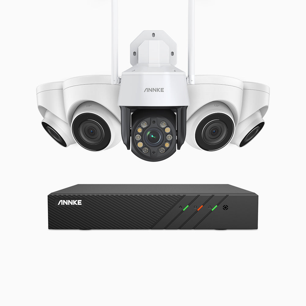 HWZ500 - Kit de surveillance PoE 5MP à 8 canaux avec 4 caméras + une 20X PTZ WiFi caméra, Vision nocturne Infrarouge, Microphone intégré, Fonctionne avec Alexa