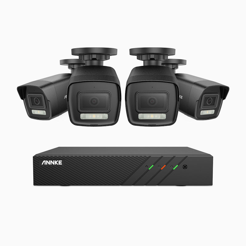 AH500 - Kit de surveillance PoE 3K à 8 canaux avec 4 caméras, vision nocturne en couleur et infrarouge, résolution 3072*1728, ouverture f/1.6 (0.005 Lux), détection humaine et véhicule, microphone intégré, IP67