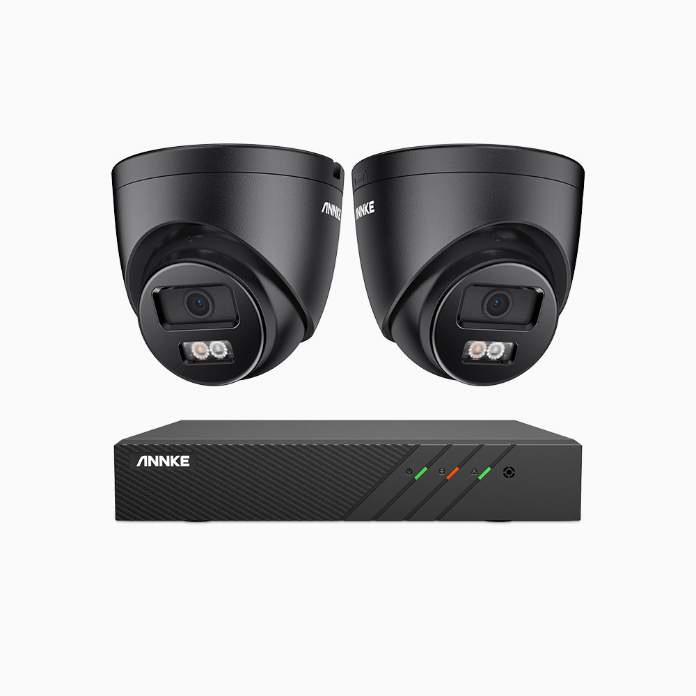 AH500 - Kit de surveillance PoE 3K à 8 canaux avec 2 caméras, vision nocturne en couleur et infrarouge, résolution 3072*1728, ouverture f/1.6 (0.005 Lux), détection humaine et véhicule, microphone intégré, IP67