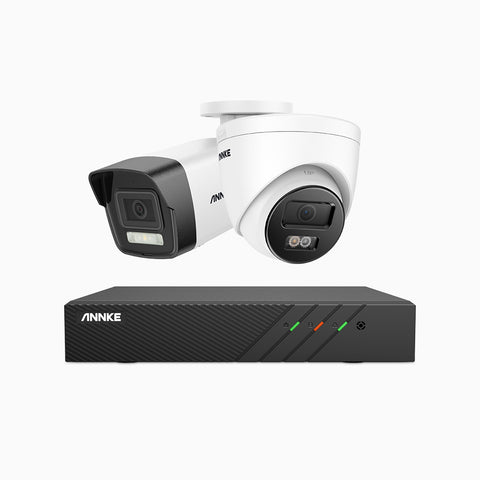 AH500 - Kit de surveillance PoE 3K à 8 canaux avec 1 caméras bullet et 1 caméras tourelle, vision nocturne en couleur et infrarouge, résolution 3072*1728, ouverture f/1.6 (0.005 Lux), détection humaine et véhicule, microphone intégré, IP67