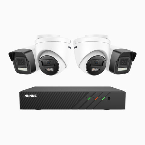 AH500 - Kit de surveillance PoE 3K à 8 canaux avec 2 caméras bullet et 2 caméras tourelle, vision nocturne en couleur et infrarouge, résolution 3072*1728, ouverture f/1.6 (0.005 Lux), détection humaine et véhicule, microphone intégré, IP67