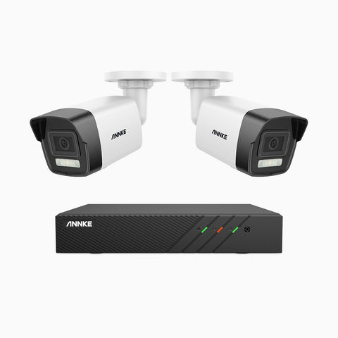 AH500 - Kit de surveillance PoE 3K à 8 canaux avec 2 caméras, vision nocturne en couleur et infrarouge, résolution 3072*1728, ouverture f/1.6 (0.005 Lux), détection humaine et véhicule, microphone intégré, IP67