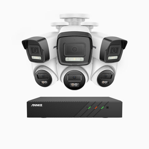AH500 - Kit de surveillance PoE 3K à 8 canaux avec 3 caméras bullet et 3 caméras tourelle, vision nocturne en couleur et infrarouge, résolution 3072*1728, ouverture f/1.6 (0.005 Lux), détection humaine et véhicule, microphone intégré, IP67