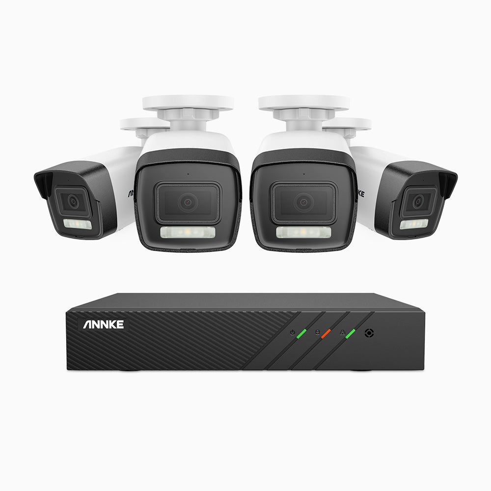 AH500 - Kit de surveillance PoE 3K à 8 canaux avec 4 caméras, vision nocturne en couleur et infrarouge, résolution 3072*1728, ouverture f/1.6 (0.005 Lux), détection humaine et véhicule, microphone intégré, IP67