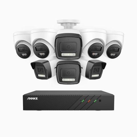 AH500 - Kit de surveillance PoE 3K à 8 canaux avec 4 caméras bullet et 4 caméras tourelle, vision nocturne en couleur et infrarouge, résolution 3072*1728, ouverture f/1.6 (0.005 Lux), détection humaine et véhicule, microphone intégré, IP67