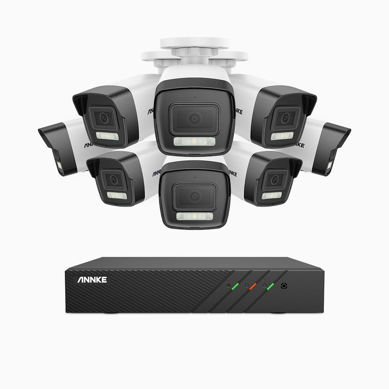 AH500 - Kit de surveillance PoE 3K à 8 canaux avec 8 caméras, vision nocturne en couleur et infrarouge, résolution 3072*1728, ouverture f/1.6 (0.005 Lux), détection humaine et véhicule, microphone intégré, IP67