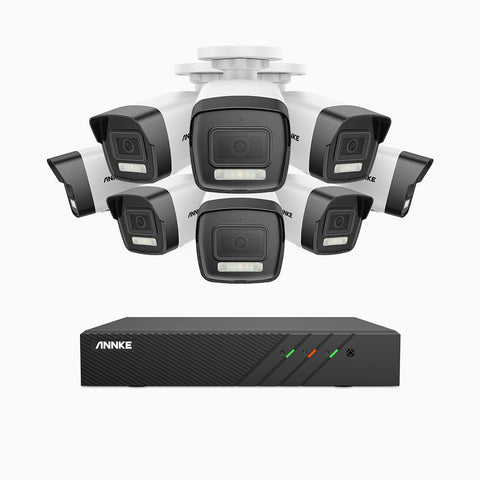AH500 - Kit de surveillance PoE 3K à 8 canaux avec 8 caméras, vision nocturne en couleur et infrarouge, résolution 3072*1728, ouverture f/1.6 (0.005 Lux), détection humaine et véhicule, microphone intégré, IP67