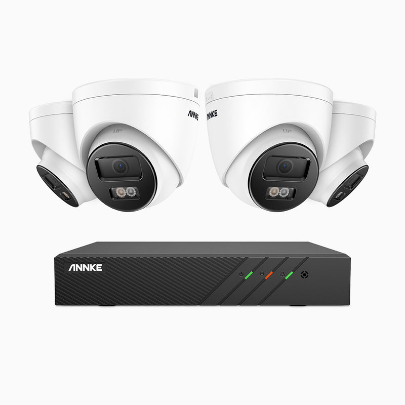 AH500 - Kit de surveillance PoE 3K à 8 canaux avec 4 caméras, vision nocturne en couleur et infrarouge, résolution 3072*1728, ouverture f/1.6 (0.005 Lux), détection humaine et véhicule, microphone intégré, IP67