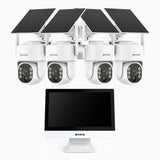WTB400 - Kit de vidéosurveillance sans fil 4MP avec écran 12", NVR 10 canaux et 4 caméras solaires, détection de mouvement, audio bidirectionnel, batterie rechargeable 9000 mAh, rotation 270° et inclinaison 90°, compatible Alexa