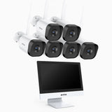 WTL800 - Kit de vidéosurveillance sans fil 4K avec écran 12", NVR 10 canaux et 6 caméras, Wi-Fi double bande 2,4/5,8 GHz, détection humaine, audio bidirectionnel, vision nocturne, compatible Alexa