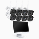 WTL800 - Kit de vidéosurveillance sans fil 4K avec écran 12", NVR 10 canaux et 8 caméras, Wi-Fi double bande 2,4/5,8 GHz, détection humaine, audio bidirectionnel, vision nocturne, compatible Alexa