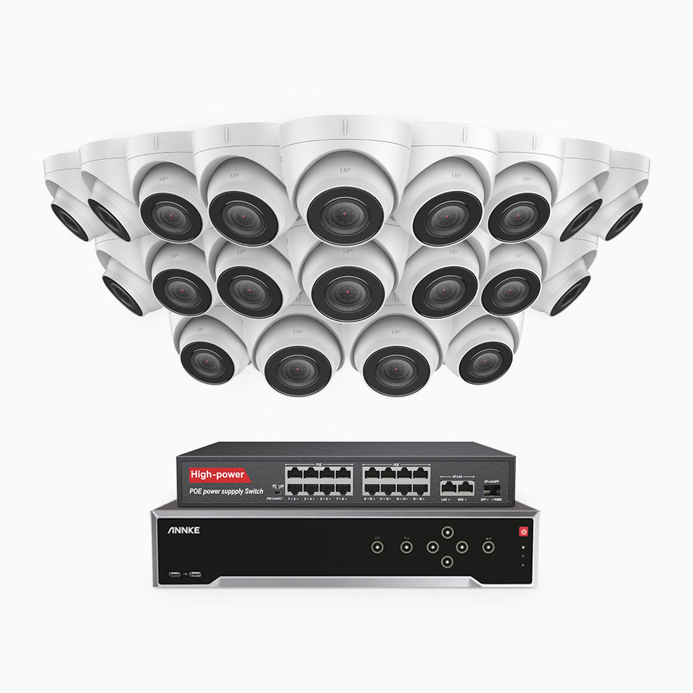 H500 - Kit de surveillance PoE 5MP à 32 canaux avec 20 caméras, Vision nocturne Infrarouge 2.0, Microphone intégré, Fente pour carte SD, Fonctionne avec Alexa, Switch PoE 16 ports inclus