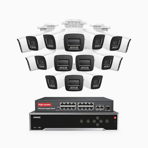 H800 - Kit de surveillance PoE 4K à 32 canaux avec 16 caméras, vision nocturne en couleur et infrarouge, Détection de personnes et de véhicules, Microphone intégré, Champ de vision de 96°, RTSP et ONVIF pris en charge, Switch PoE 16 ports inclus
