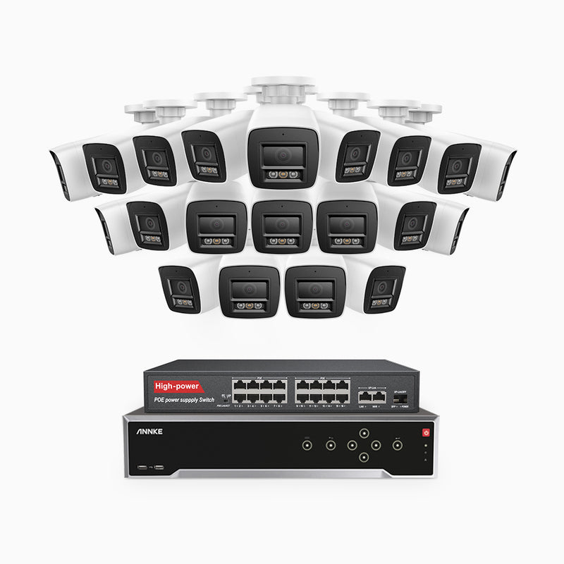 H800 - Kit de surveillance PoE 4K à 32 canaux avec 20 caméras, vision nocturne en couleur et infrarouge, Détection de personnes et de véhicules, Microphone intégré, Champ de vision de 96°, RTSP et ONVIF pris en charge, Switch PoE 16 ports inclus