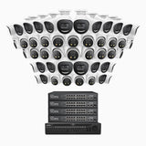 H800X - Kit de surveillance PoE 4K à 64 canaux avec 24 caméras bullet et 24 caméras Tourelle, capteur BSI de 1/1,8", ouverture de f/1,6 (0,003 Lux), sirène et alarme stroboscopique, audio bidirectionnel, détection de présence humaine et de véhicules