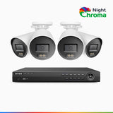 NightChroma<sup>TM</sup> NCK800 - Kit de surveillance PoE 4K à 8 canaux avec 4 caméras, Vision Nocturne Couleur Acme, 3840 × 2160 à 30 ips, Détection des Personnes et Véhicules, Alarme Sirène et Stroboscopique, Audio Bidirectionnel