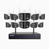 WSCD400P - Kit vidéo surveillance sans fil 4MP à 16 canaux avec 10 caméras double objectif, angle 170°, WiFi bi-bande 2,4/5 GHz, vision nocturne en couleur, détection de mouvement, audio bidirectionnel, compatible avec Alexa