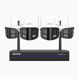 WSCD400P - Kit vidéo surveillance sans fil 4MP à 8 canaux avec 4 caméras double objectif, angle 170°, WiFi bi-bande 2,4/5 GHz, vision nocturne en couleur, détection de mouvement, audio bidirectionnel, compatible avec Alexa