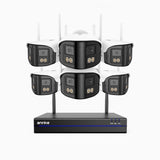 WSCD400P - Kit vidéo surveillance sans fil 4MP à 8 canaux avec 6 caméras double objectif, angle 170°, WiFi bi-bande 2,4/5 GHz, vision nocturne en couleur, détection de mouvement, audio bidirectionnel, compatible avec Alexa