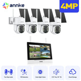 WTB400 - Kit de vidéosurveillance sans fil 4MP avec écran 12", NVR 4 canaux et 4 caméras solaires, détection de mouvement, audio bidirectionnel, batterie rechargeable 9000 mAh, rotation 270° et inclinaison 90°, compatible Alexa