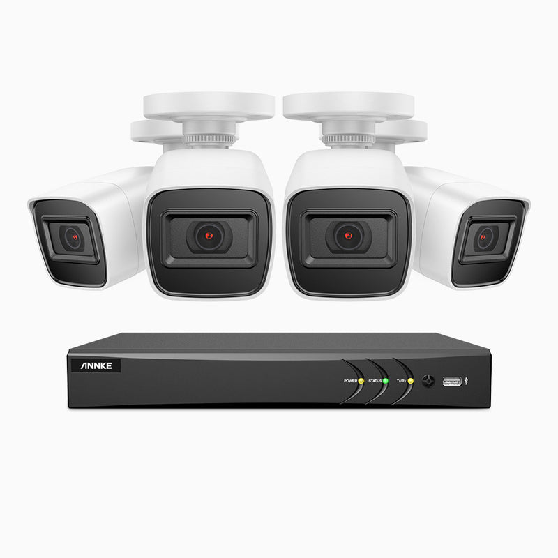E800 - Kit de surveillance filaire extérieur 4K à 8 canaux avec 4 caméras, H.265+ Smart DVR avec détection humaine et véhicule, IP67, vision nocturne Infrarouge 30ms