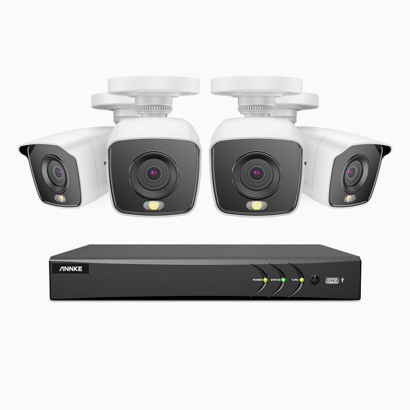 FC800 - Kit de surveillance filaire 4K à 8 canaux avec 4 caméras, H.265+ Smart DVR avec détection humaine et véhicule, vision nocturne couleur, lumière chaude intégrée, Résolution 8MP, IP67s
