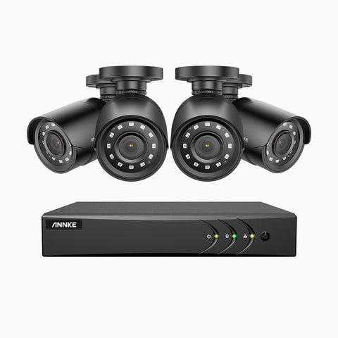 E200 - Kit de surveillance filaire 1080p à 4 canaux avec 4 caméras, H.265+ Smart DVR avec détection humaine et véhicule, vision nocturne Infrarouge 30m