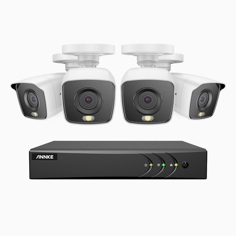 FC200 - Kit de surveillance filaire 1080p à 4 canaux avec 4 caméras, H.265+ Smart DVR avec détection humaine et véhicule, vision nocturne couleur, lumière chaude intégrée, IP67s