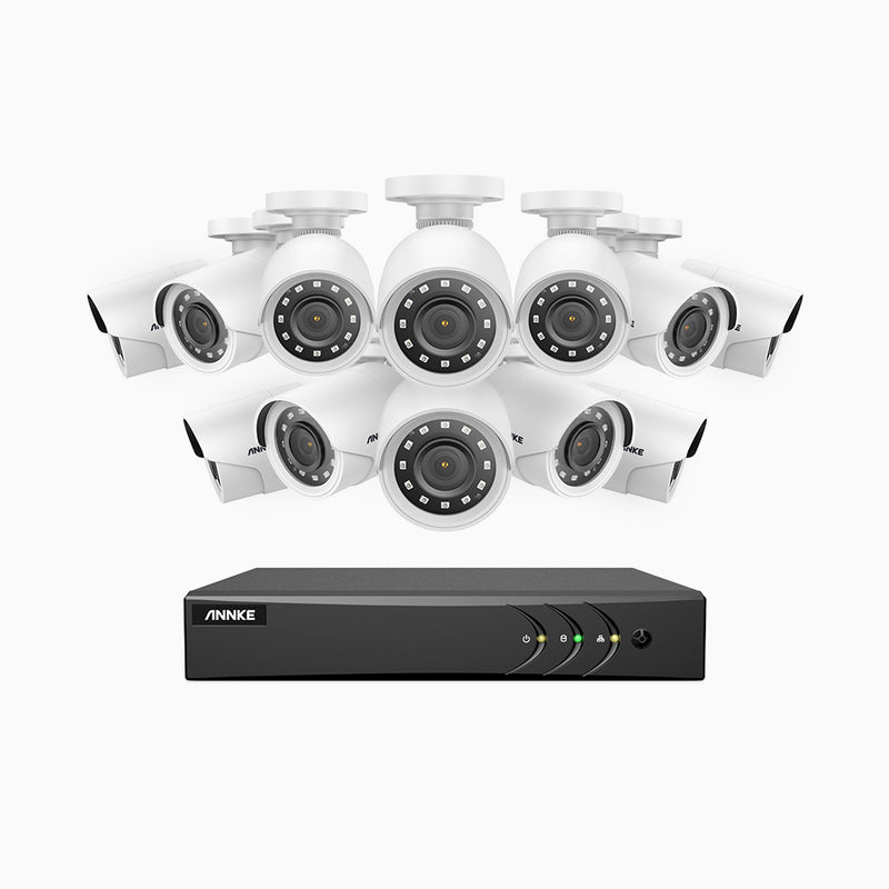 E200 - Kit de surveillance filaire 1080p à 16 canaux avec 12 caméras, H.265+ Smart DVR avec détection humaine et véhicule, vision nocturne Infrarouge 30m