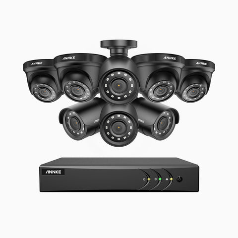 E200 - Kit de surveillance filaire 1080p à 16 canaux avec 4 caméras bullet et 4 caméras tourelle, H.265+ Smart DVR avec détection humaine et véhicule, vision nocturne Infrarouge 30m
