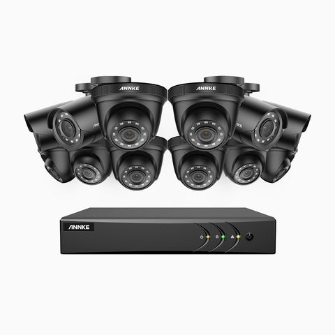 E200 - Kit de surveillance filaire 1080p à 16 canaux avec 4 caméras bullet et 8 caméras tourelle, H.265+ Smart DVR avec détection humaine et véhicule, vision nocturne Infrarouge 30m