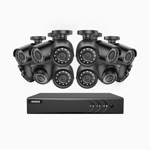 E200 - Kit de surveillance filaire 1080p à 16 canaux avec 8 caméras bullet et 4 caméras tourelle, H.265+ Smart DVR avec détection humaine et véhicule, vision nocturne Infrarouge 30m