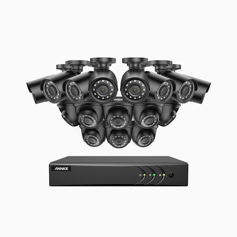 E200 - Kit de surveillance filaire 1080p à 16 canaux avec 8 caméras bullet et 8 caméras tourelle, H.265+ Smart DVR avec détection humaine et véhicule, vision nocturne Infrarouge 30m