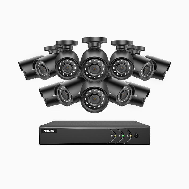 E200 - Kit de surveillance filaire 1080p à 16 canaux avec 12 caméras, H.265+ Smart DVR avec détection humaine et véhicule, vision nocturne Infrarouge 30m