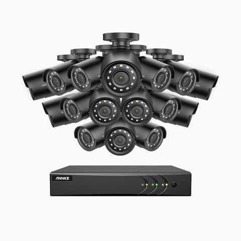E200 - Kit de surveillance filaire 1080p à 16 canaux avec 16 caméras, H.265+ Smart DVR avec détection humaine et véhicule, vision nocturne Infrarouge 30m
