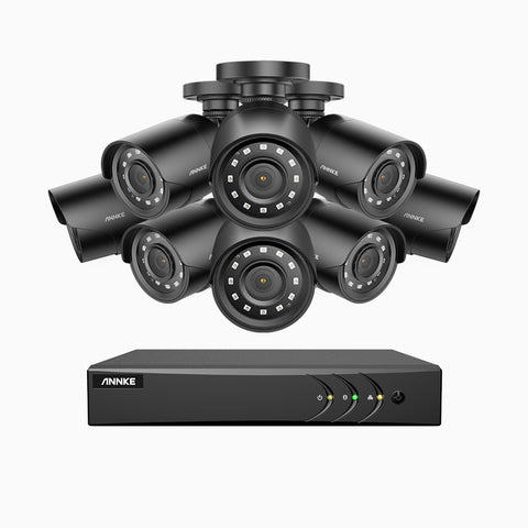 E200 - Kit de surveillance filaire 1080p à 16 canaux avec 8 caméras, H.265+ Smart DVR avec détection humaine et véhicule, vision nocturne Infrarouge 30m
