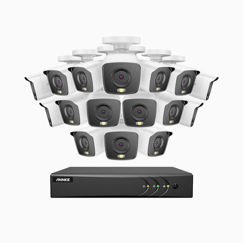 FC200 - Kit de surveillance filaire 1080p à 16 canaux avec 16 caméras, H.265+ Smart DVR avec détection humaine et véhicule, vision nocturne couleur, lumière chaude intégrée, IP67s