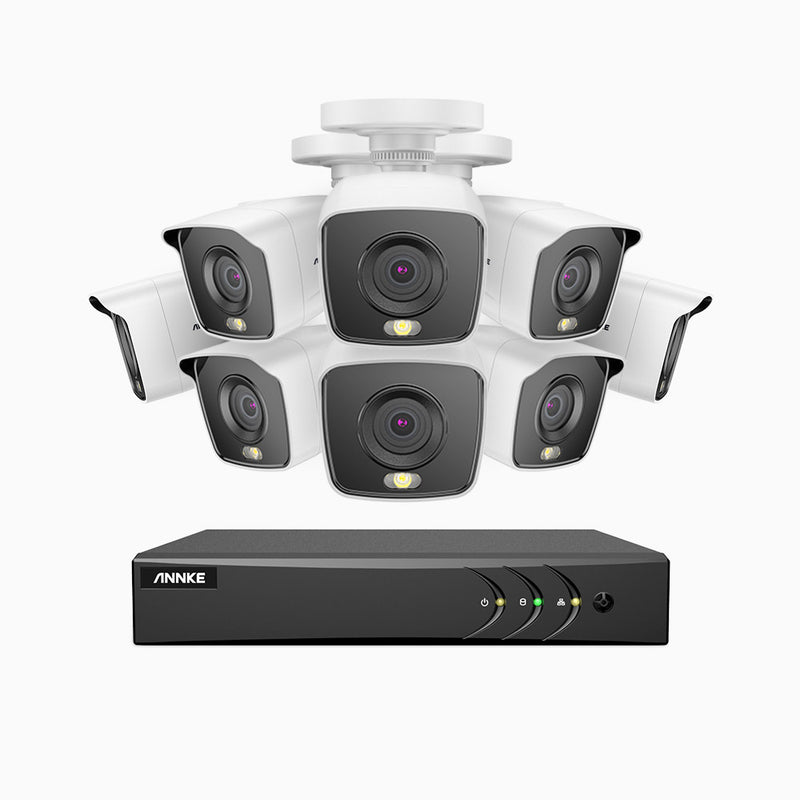 FC200 - Kit de surveillance filaire 1080p à 16 canaux avec 8 caméras, H.265+ Smart DVR avec détection humaine et véhicule, vision nocturne couleur, lumière chaude intégrée, IP67s