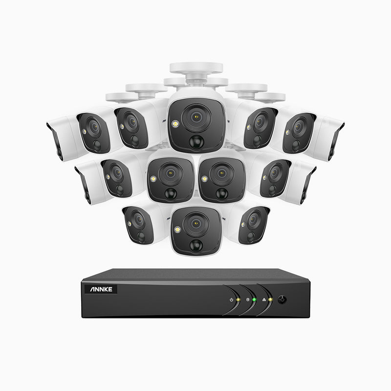 EP200 - Kit de surveillance filaire 1080p à 16 canaux avec 16 caméras PIR, H.265+ Smart DVR avec détection humaine et véhicule, alarme lumière, vision nocturne Infrarouge 30ms