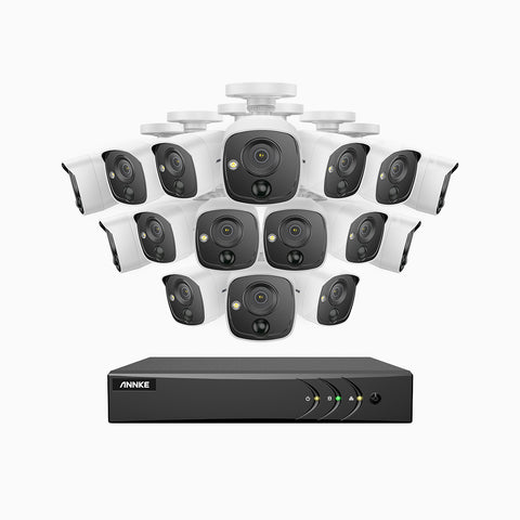 EP200 - Kit de surveillance filaire 1080p à 16 canaux avec 16 caméras PIR, H.265+ Smart DVR avec détection humaine et véhicule, alarme lumière, vision nocturne Infrarouge 30ms