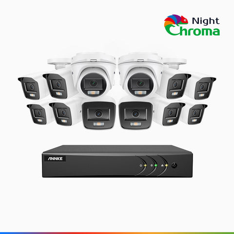 NightChroma<sup>TM</sup> NAK200 -  Kit de surveillance 2MP à 16 canaux avec 10 caméras bullet et 2 caméras tourelle, vision nocturne polychrome Acme (0.0005 Lux)