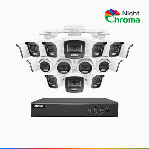 NightChroma<sup>TM</sup> NAK200 -  Kit de surveillance 2MP à 16 canaux avec 12 caméras bullet et 4 caméras tourelle, vision nocturne polychrome Acme (0.0005 Lux)