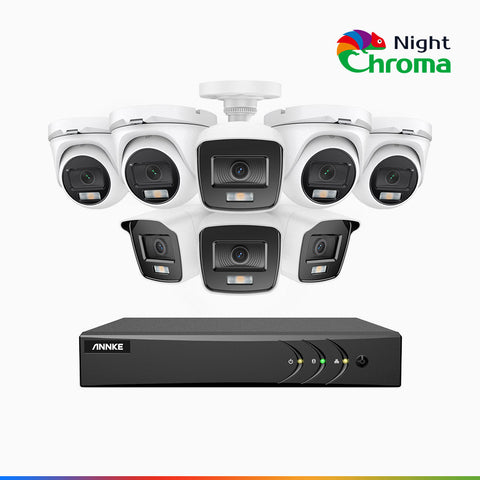 NightChroma<sup>TM</sup> NAK200 -  Kit de surveillance 2MP à 16 canaux avec 4 caméras bullet et 4 caméras tourelle, vision nocturne polychrome Acme (0.0005 Lux)